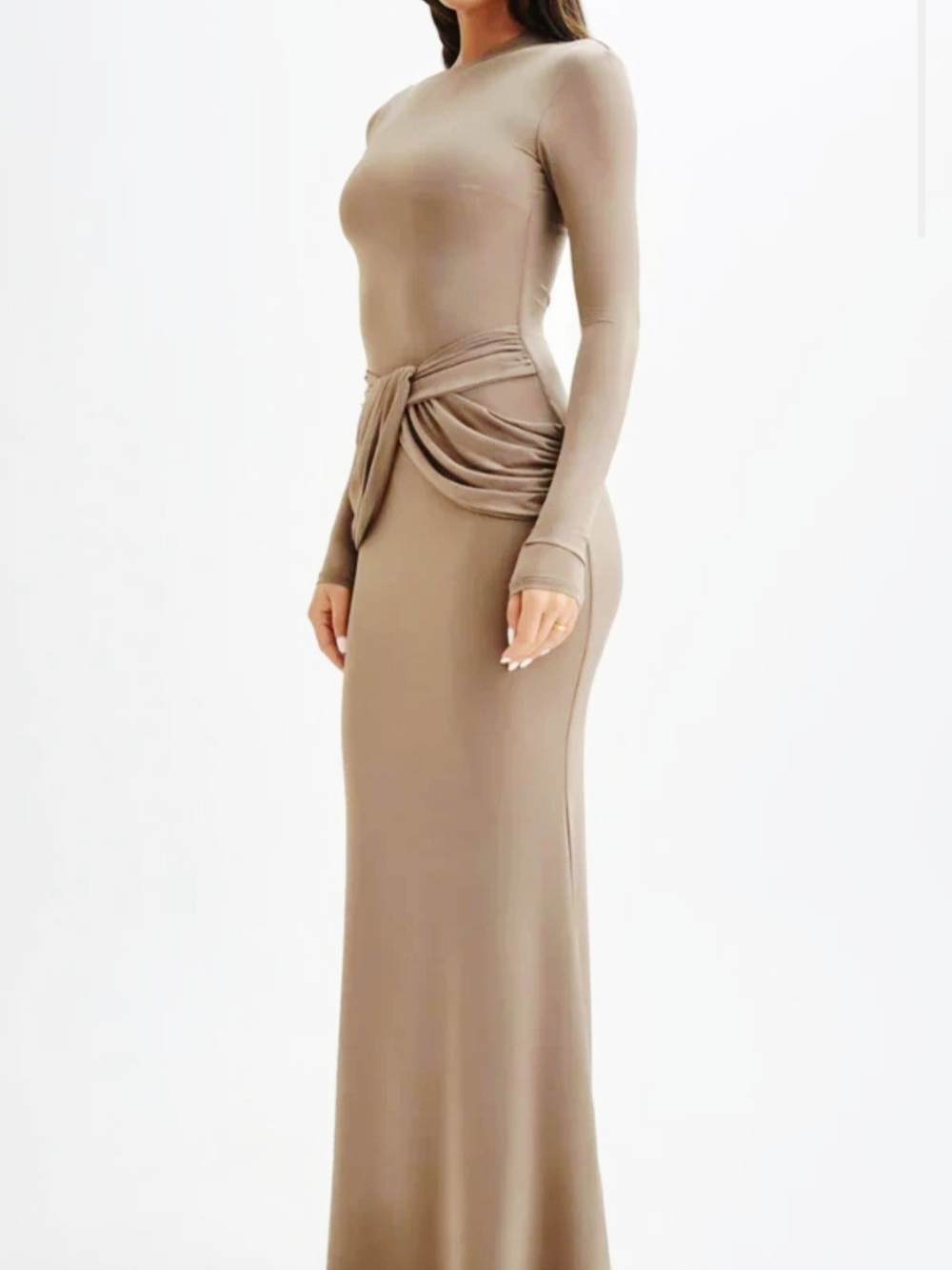 Sleek Taupe Long-Sleeve Maxi Skirt Dress with Waist Tie